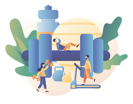 Fitness blog and Workout app concept. Tiny people are sport training. Active lifestyle and fitness training. Modern flat cartoon style. Vector illustration on white background