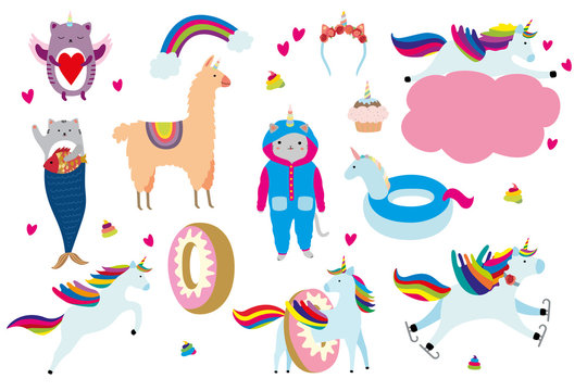 Unicorn cartoon set vector illustration. Kittycorn cute cat magic animal characters flat style isolated on white