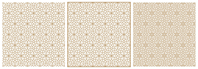 Seamless arabic geometric ornament in three versions.Brown color lines on white background.