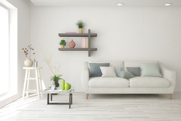 Stylish room in white color with sofa. Scandinavian interior design. 3D illustration