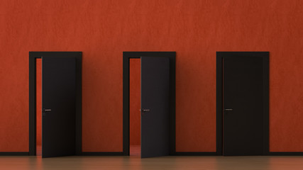3d render the modern black wooden three doors open slightly in the orange wall.