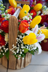 Bouquet with flower blossom. Floral background. Shallow depth photo. Soft toned colors.