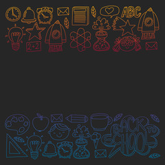 Vector pattern with back to school icons for posters, banners, covers. Kids, children education.