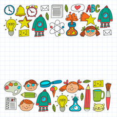 Vector pattern with back to school icons for posters, banners, covers. Kids, children education.