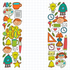 Vector pattern with back to school icons for posters, banners, covers. Kids, children education.