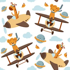 Tapeten Tiere im Transport nahtloses Muster mit Tieren und Flugzeugen am Himmel - Vektorillustration, eps