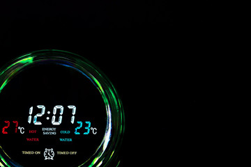 Closeup of water cooler display. Clear drinking water concept poster with copy space. Consumption...