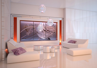Futuristic interior design. Comfortable living room in white tones. Leather furniture. 3D illustration