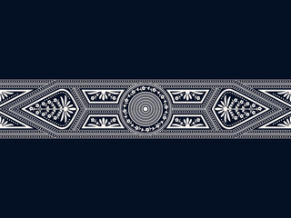 seamless vector white border with geometric fugires and floral decoration on dark blue background - 321816509