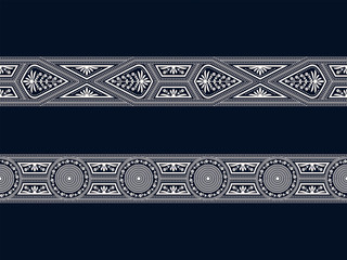 set of two seamless vector white borders with geometric figures and floral elements on dark blue background - 321816529