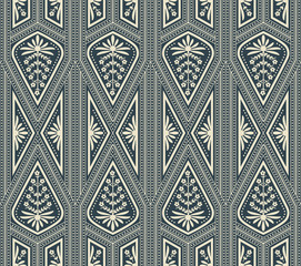 seamless vector pattern with white geometric triangle design and floral decoration on  dark blue background - 321816795