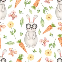 Wall murals Rabbit Watercolor spring digital paper. easter bunny seamless spring pattern. Neutral delicate animal, butterfly, eggs, carrot wildflowers and greenery florals patters. textile design, scrapbooking. nursery