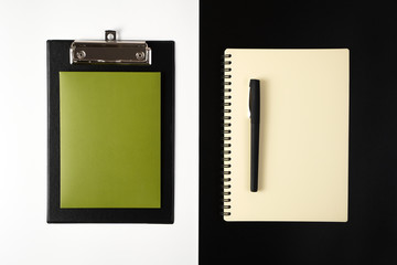 Desktop view from the top with stationery, Notepad, tablet, pen, business concept, environmental protection.