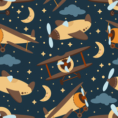 seamless pattern with plane in the night sky - vector illustration, eps