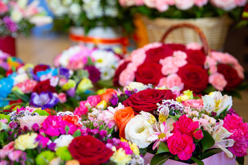 Bouquet with flower blossom. Floral background. Shallow depth photo. Soft toned colors.