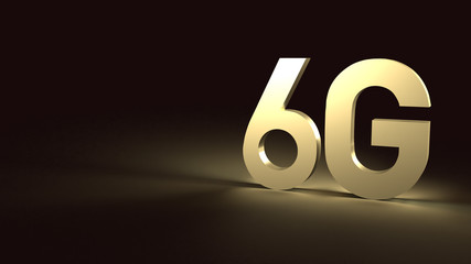 3d rendering 6g text gold surface glow in dark image for mobile technology content.