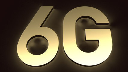 3d rendering 6g text gold surface glow in dark image for mobile technology content.