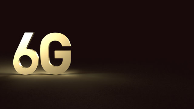 3d rendering 6g text gold surface glow in dark image for mobile technology content.