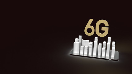 The 3d rendering 6g text gold surface glow on smartphone and building  in dark image for mobile technology content.