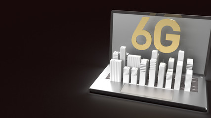 The 3d rendering 6g text gold surface glow on notebook and building  in dark image for mobile technology content.