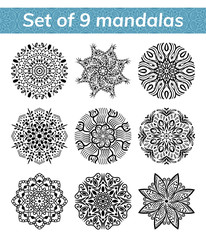 Mandala set. Indian antistress medallion. Abstract islamic flower, arabic henna design, yoga symbol