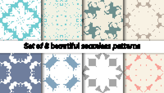 Pattern set arabic, indian, japanese, islamic motifs. Collection of 8 patterns. Mandala seamless pattern.