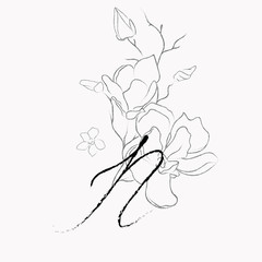 Handwritten Floral Logo Template. Line Drawing Monogram N with Magnolia Flower, Plants, Branches, Leaves. Design Element Vector Illustration. Branding. Wedding, photography, art, studio