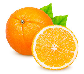 Isolated orange fruits. Whole and cut orange fruit with leaves isolated on white background with clipping path