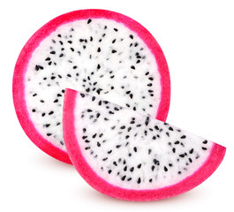 Isolated dragonfruit. Two slices of white-fleshed pitahaya fruit isolated on white background with clipping path