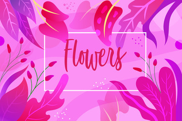Fototapeta na wymiar Vector Nature Card with hand drawn lettering and cute flowers and branches Pink Purple Card. Spring Greeting card with brush lettering on floral background