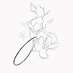 Handwritten Floral Logo Template. Line Drawing Monogram O with Magnolia Flower, Plants, Branches, Leaves. Design Element Vector Illustration. Branding. Wedding, photography, art, studio