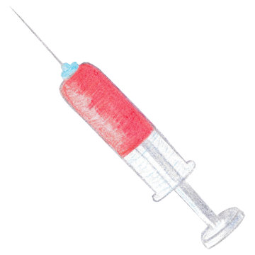 Watercolor pencils hand drawn illustration of syringe with blood isolated on white background