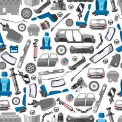 Car spares and auto parts seamless vector pattern. Auto diagnostics test service, protection insurance or vehicle electronics parts service shop. Repair help. Smart technology for auto car background.