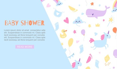 Baby boy shower blue banner vector illustration. Invitation web template with cute cartoon toys, place for your text. Cute animals, unicorn, duck and whale kids backdrop for baby shower.