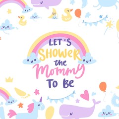 Baby boy shower card with cute rainbow vector illustration. Invitation template with cute cartoon toys, mummy love text. Cute animals, unicorn, duck and whale kids backdrop for baby shower.