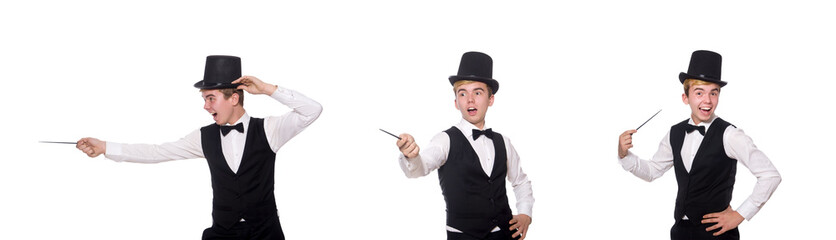 Magician with magic stick isolated on white