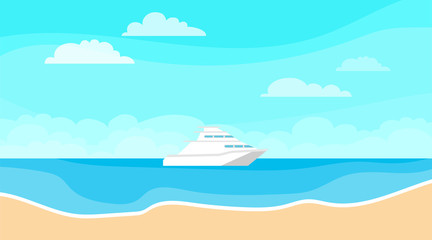 Fototapeta na wymiar Seascape. Sea, sand, blue sky and a yacht. Vector, cartoon illustration of a sea view.