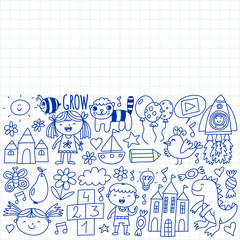 Vector pattern for kindergarten banners, posters with moon, planet, spaceship, rocket, sun, fruits, house, flowers. Creativity and imagination.