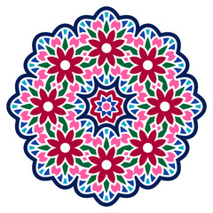 Ceramic tile pattern. Decorative round ornament. White background with art frame. Islamic, indian, arabic motifs.