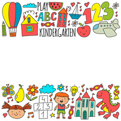 Fototapeta premium Vector pattern for kindergarten banners, posters with moon, planet, spaceship, rocket, sun, fruits, house, flowers. Creativity and imagination.