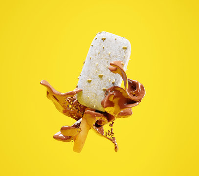 3d rendering scene with ice cream with nuts on the stick with chocolate splashes against yellow background