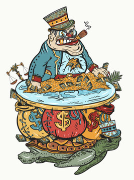 Capitalism art. Rich greedy capitalist on a mountain of golden coins. Concept of global financial system. Evil businessman and money. Caricature. Corruption and bureaucracy. Old school tattoo style