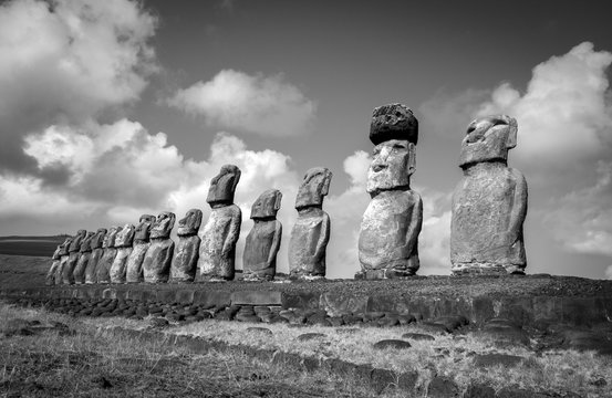 Moais statues, ahu Tongariki, easter island. Black and white picture