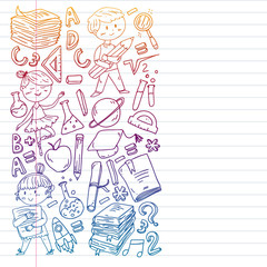 Cute school children. Imagination and creativity. Play and learn, singing, dancing, reading, drawing.