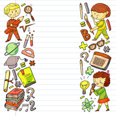 Cute school children. Imagination and creativity. Play and learn, singing, dancing, reading, drawing.