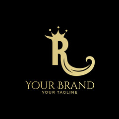 R initial logo with hair and crown in elegant style