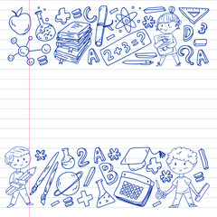 Cute school children. Imagination and creativity. Play and learn, singing, dancing, reading, drawing.