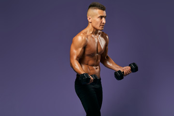 Fototapeta na wymiar serious man concentrated on lifting weightsm weightlifting, close up side view photo, isolated blue background, studio shot, copy space