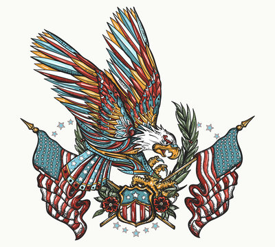 American eagle, laurel branches and crossed USA flags. Patriotic emblem. United states concept. Tattoo and t-shirt design
