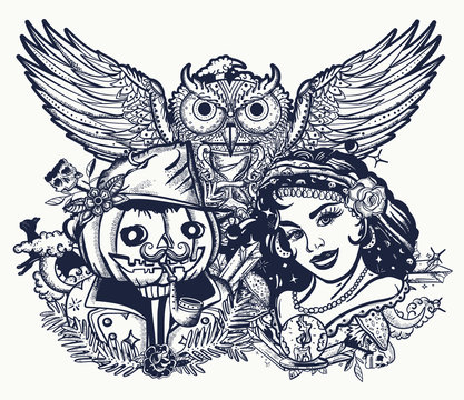Halloween art. Witch woman, owl and Jack O' Lantern. Occult love story. Old school tattoo.  Dark gothic fairy tale. Traditional tattooing style